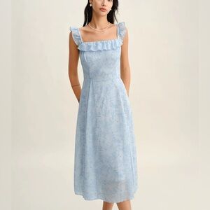 Rihoas Blue Square Neck Ruffle Midi Dress